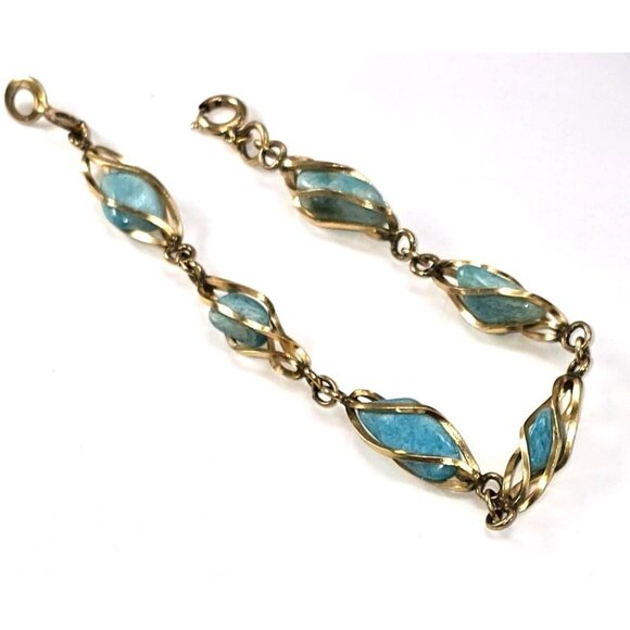 Vintage 10K Gold-Filled Blue Stone Bracelet With Interlocking Links LI614 - Picture 1 of 7